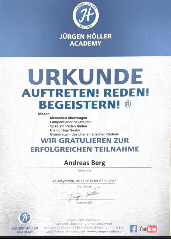 Auftreten! Reden! Begeistern! Zertifikat — Juergen Hoeller Academy 2015