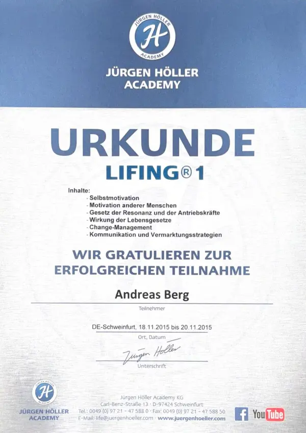 LIFING 1 Urkunde — Juergen Hoeller Academy 2015