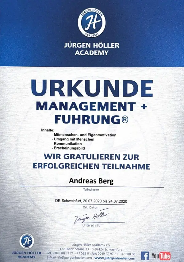 Management + Fuehrung Urkunde — Juergen Hoeller Academy 2020