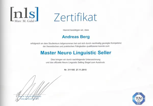 Master Neuro Linguistic Seller Zertifikat — Marc M. Galal, TUeV SUeD 2015