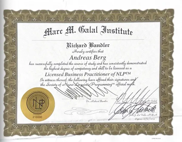 Licensed Business Practitioner of NLP — Marc M. Galal Institute, Richard Bandler