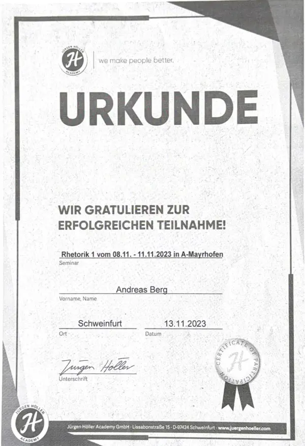 Rhetorik 1 Urkunde — Juergen Hoeller Academy, Mayrhofen 2023