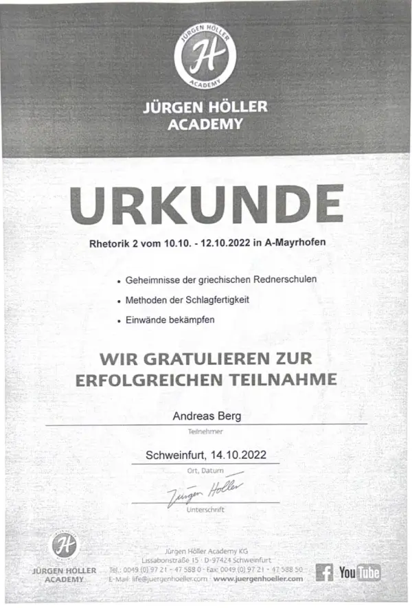 Rhetorik 2 Urkunde — Juergen Hoeller Academy, Mayrhofen 2022